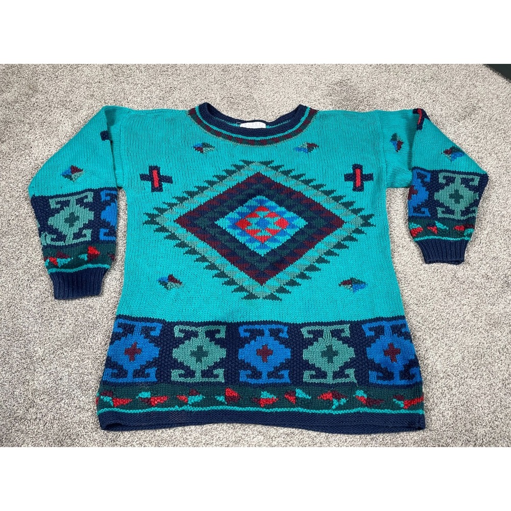 Vintage Segrets Sweater Womens XL Blue Southwestern Chunky Hand Knit Heavy Top